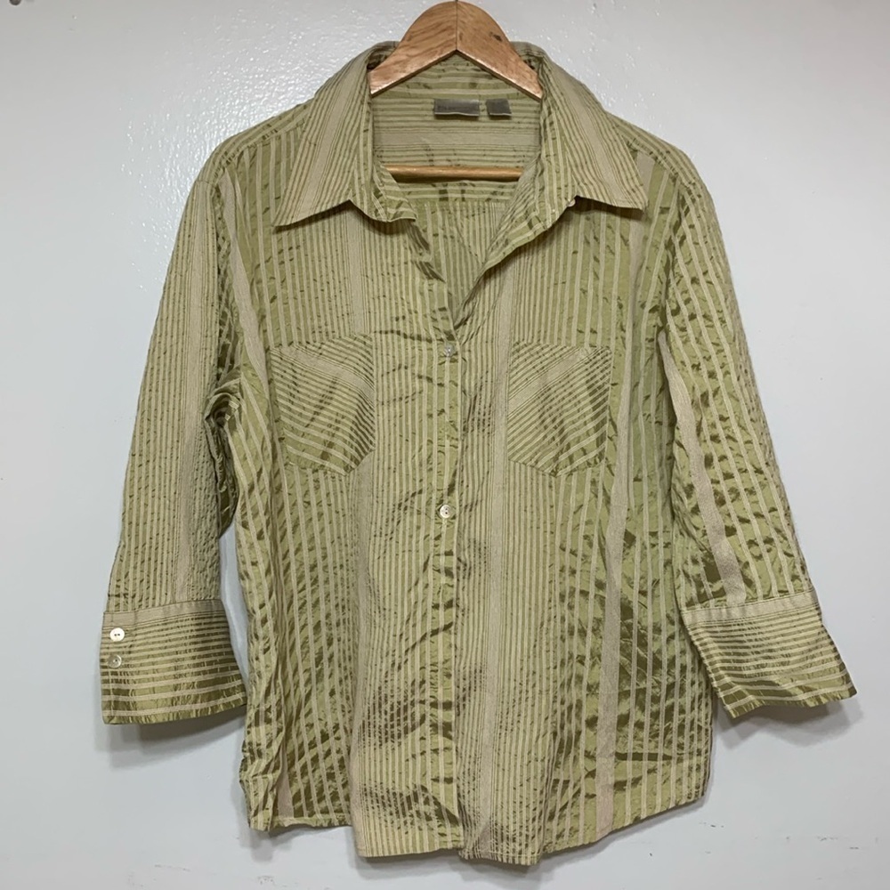 Chicos Olive Green/White Striped Silk Cotton Blend Button Down Shirt Size 3(L)